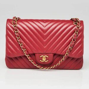 Chanel Red Chevron Quilted Lambskin Leather Classic Jumbo Double Flap Bag